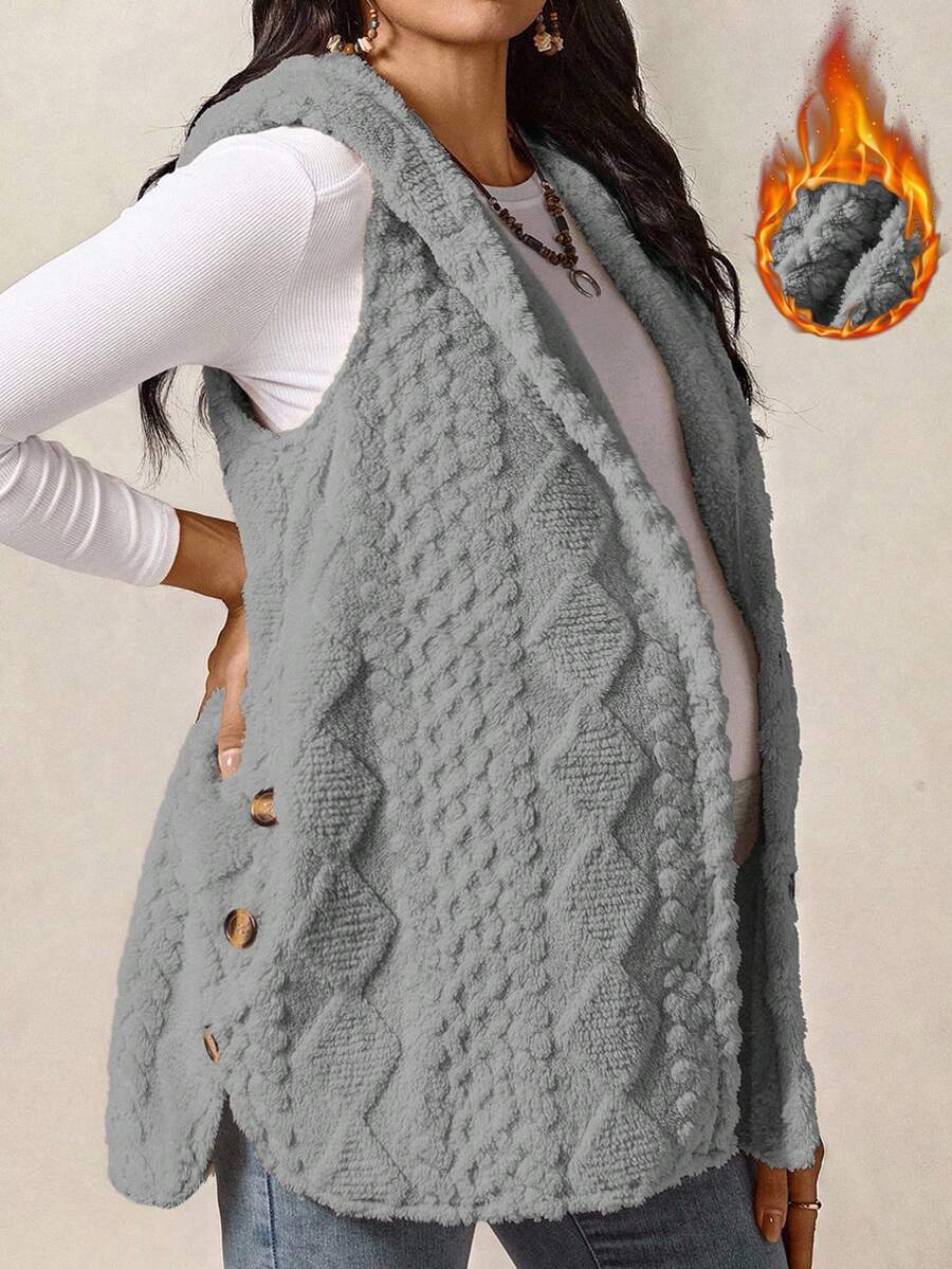 Boho Mama Pregnant Women's Geometric Textured Button Design Fluffy Hooded Cardigan, Autumn/Winter - Light Grey - View 1