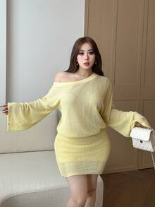 Flirla 大码女式菠萝提花休闲舒适连衣裙 - 淡黃色 - 查看 5