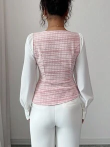 Elenzga Women's Elegant Pink Plaid Patchwork White Square Collar Asymmetrical Hem Faux Pearl Button Decor Long Sleeve Fitted Blouse, Spring/Autumn Fall Cloth For Women - Pink - View 2