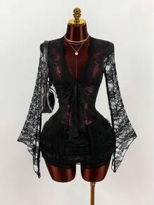 Amplova Women's Lace Long Sleeve Two Pieces Set, Sexy & Avant-Garde Sheer Lace Long Sleeve Coverup With Multi-Layer Cake Skirt, Super Short And Ultra Low Waist Mini Skirt Black See Through Two Pieces Set - Black - View 1