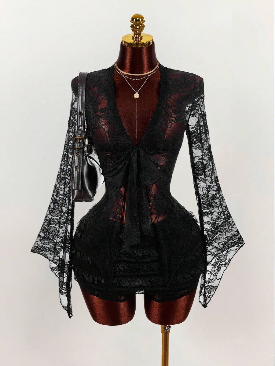 Amplova Women's Lace Long Sleeve Two Pieces Set, Sexy & Avant-Garde Sheer Lace Long Sleeve Coverup With Multi-Layer Cake Skirt, Super Short And Ultra Low Waist Mini Skirt Black See Through Two Pieces Set - Black - View 1