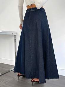 Siren Gaze 女士牛仔高腰长裙 冬季职场女性感恩节办公室性感风 - 深色水洗藍 - 查看 1