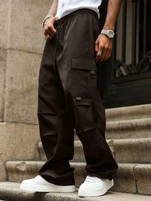 Manfinity Homme Plus Size Men's Drawstring Waist Pleated Wide Leg Loose Cargo Pants