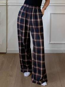 DAZY Women's Plaid Loose Pajama Bottoms, Autumn/Winter - Navy Blue - View 6