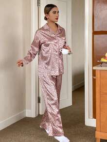 DAZY 2pcs Satin Leopard Jacquard Loose Long Sleeve & Pants Pajama Set For Women - Dusty Purple - View 6
