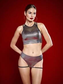 Menodora SHEIN Sport Women's Casual Sports Mesh Patchwork Tank Top Set - Silver - View 5