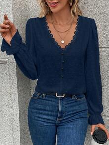 EMERY ROSE 休闲纯色纹理长袖衬衫，适合秋季通勤 - 藏蓝色 - 查看 1