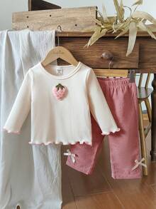 Vintaside Kids 2pcs Baby Girls' Spring/Autumn White Knit Crew Neck Long Sleeve Top And Solid Pink Pants Set, Adorable Cherry Decor, Suitable For Outings, Casual Wear, And Birthday Parties - Multicolor - View 9