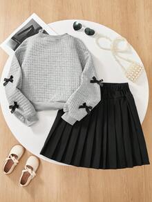 2pcs/Set Girls' Valentine's Day Pink Bow White Jacket And Pink Pleated Skirt - Multicolor - View 2