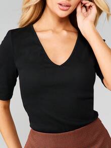 MISSGUIDED V 领短款上衣罗纹针织半袖修身经典基本款分层日常衣橱必备夏季春秋季 - 黑色 - 查看 5