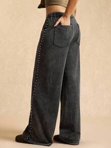 Easelle Black Knit Retro Stretch Waist Straight Loose Casual Women's Sports Pants Sweatpants With Studded Sides And Snowflake Pattern, Autumn And Winter Long Pants. - Black - View 2