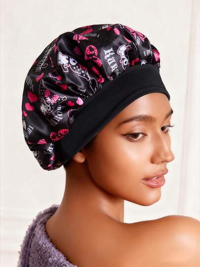 HELLO KITTY AND FRIENDS | SHEIN Uppgraderad dubbelskiktad svart hårvårdsmössa för kvinnor, bred elastisk satinmössa med tecknat Kruomi-tryck, mjuk och bekväm för dagligt hem, sovande, presentidéer