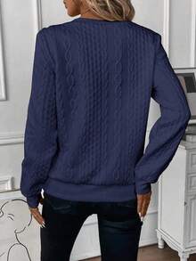Chiquease Casual Solid Color Textured Sweatshirt, Autumn - Navy Blue - View 2