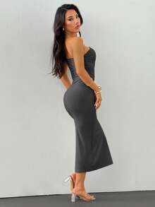 SHEIN PETITE Gold Color Brooch Decor Asymmetric Neck Ruched Fishtail Skirt - Grey - View 3
