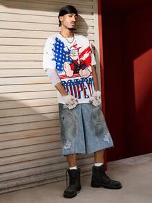 Popeye X SHEIN Men's Casual Letter & Cartoon Graphic Round Neck Short Sleeve T-Shirt, Summer - White - View 1