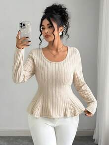 Elenzga Women's Solid Color Round Neck Long Sleeve Backless Twist Rib Casual Top, Autumn/Winter - Apricot - View 1