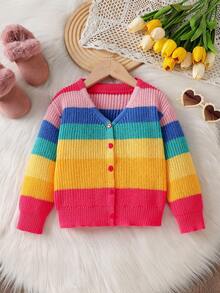 Baby Girls'Knitted Cardigan,Cute Pink Stripe Rainbow Stripes & Color-Block Sweaters,Autumn Matching Family Pride Month Soft Stylish Long-Sleeve - Multicolor - View 3