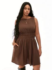SHEIN Unity Plus Size Women's Casual Everyday Commute Simple Solid Color Sleeveless Elastic Waist Short Dress,Vacation Resort Cotton Sundress Spring Festival Boho Holiday,Casual Solid Color Lantern Sleeveless Mini Dress, Summer,Solid Color Fitted Round Neck Sleeveless Split Casual Dress,Solid Color Front Tie Sleeveless Casual Simple Mini Dress Christmas,Brown Dress For Women,Vacation - Coffee Brown - View 7