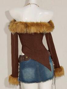 SHEIN ICON 秋季女式西部波西米亚风复古棕色蓬松外出纯色毛绒拼接露肩长袖不对称下摆时尚衬衫 - 摩卡棕 - 查看 2