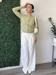 Andrea Bello Summer Crewneck Button Front Long Sleeve Cardigan Sweater - Green - View 3