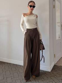 Dazy Tall Women's Corduroy Pleated Loose Straight Leg Casual Pants - Brown - View 5