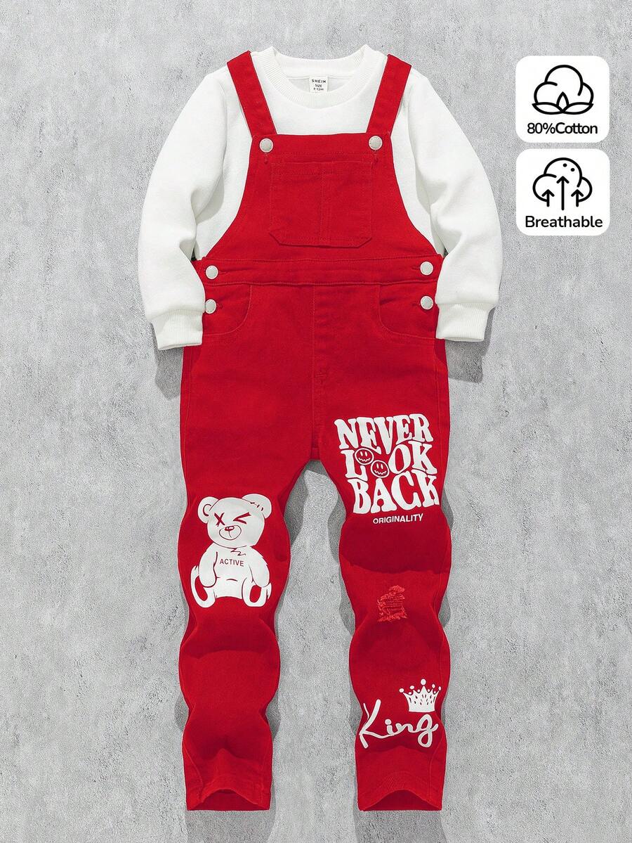 SHEIN Young Boys' Street Cool Bear And Letter Pattern High Elasticity Skinny Black Denim Overalls Jumpsuit ,Casual And Versatile For Young Boys Fall/Winter Clothes