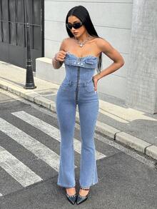 Jeanoix Y2K 女式挂脖拉链休闲喇叭腿牛仔连体裤 - 藍色 - 查看 5