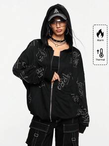 Paul Frank X ROMWE Áo hoodie cỡ lớn in logo toàn bộ đính đá Rhinestone trang trí phong cách đường phố - màu đen - Xem 1