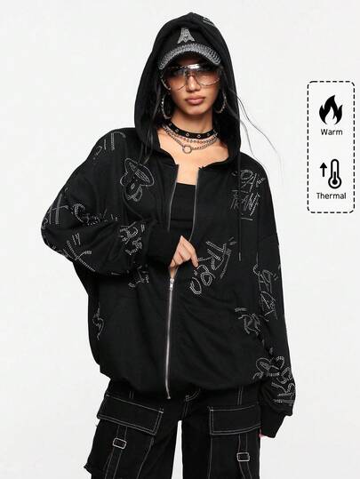 Paul Frank X ROMWE Full Logo Print Rhinestone Embellished Oversized Street Style Zip-Up Hoodie