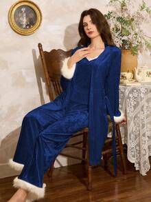 Côtesoire Solid Color Velvet Patchwork Fringed Elegant French Luxurious Royal 3 PiecesWomen Pajama Set, Suitable For Home Wear, Autumn/Winter - Royal Blue - View 4