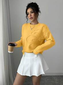 Elenzga Women's Crew Neck Floral Pattern Solid Color Pullover Sweater - Yellow - View 3