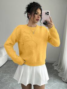 Elenzga Women's Crew Neck Floral Pattern Solid Color Pullover Sweater - Yellow - View 7