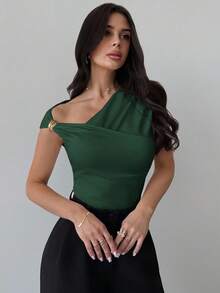 Firerie Women's Asymmetric Shoulder Wrap Ruched Waist Tight Fitting T-Shirt, Elegant Modest Daily Commute, Spring/Summer - Dark Green - View 8