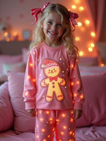 Set de 2 piezas de pijama de niña con top de cuello redondo de manga larga con gráfico de pan de jengibre navideño y leggings, cómodo y elástico