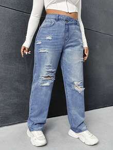 SHEIN ICON Plus Size Casual Washed Distressed Asymmetric Waist Jeans - Medium Wash - View 4