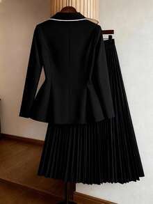 Plus Size Color Block Trim Minimalist Daily Wear Long Sleeve Blazer & Skirt Set - Black - View 2