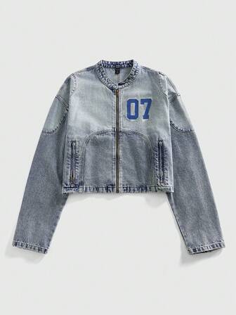 Grunge Punk Giacca di jeans casual da uomo con chiusura lampo, lavaggio ad acqua, con design ricamato a numeri, autunnale