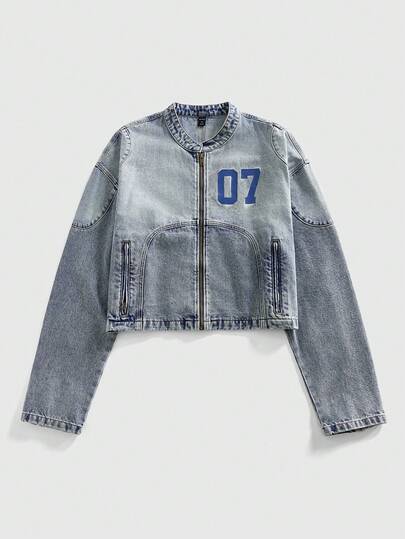 Grunge Punk Chaqueta vaquera casual con cremallera y diseño de números bordados, para otoño