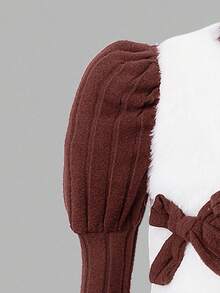 Sweetra Young Girl Elegant Lady High Neck Puff Sleeve Cinched-Waist Solid Color Plush Ribbed Dress & Round Neck Short Furry Bow Decor Vest, Autumn/Winter 2 Pieces Set - Coffee Brown - View 4
