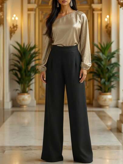 EMERY ROSE Women's Solid Color Minimalist Daily Wear Gold Trim Shoulder Blouse + Straight Leg Solid Color Pants