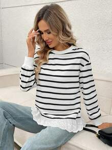 Easowa Striped Print Guipure Lace Hem Drop Shoulder Sweatshirt In Fall/Winter - Black and White - View 5