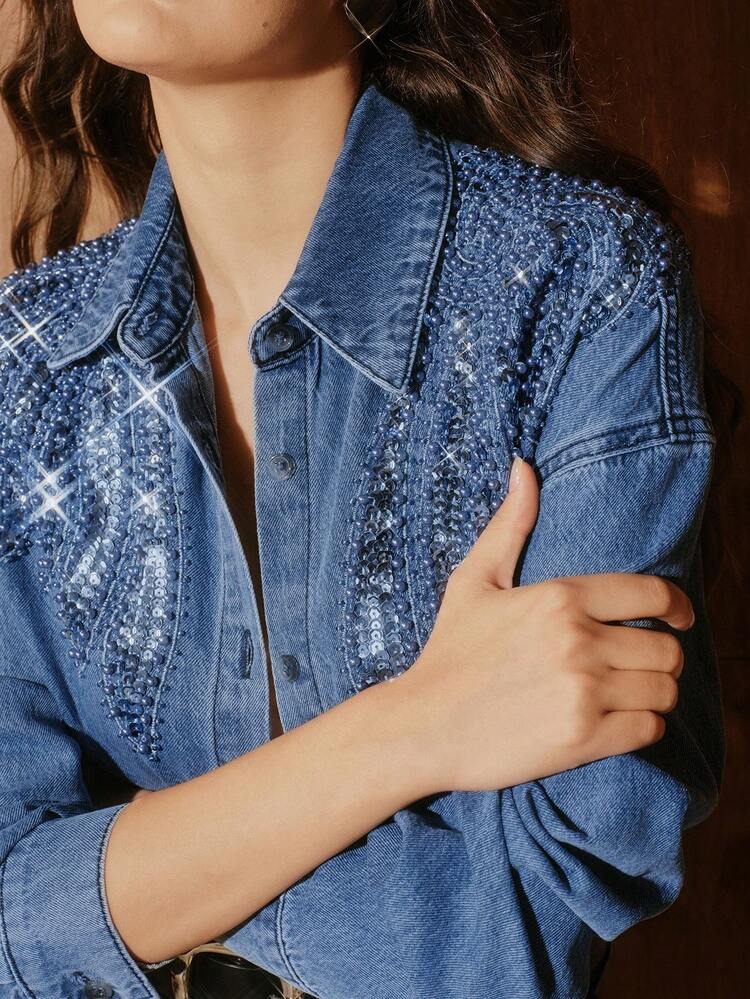 Women's Elegant Embroidered Beaded Blue Blouse, Fashionable For Dates, Autumn/Winter, Christmas, Thanksgiving, Party, Wedding