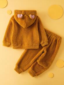 TOM & JERRY X SHEIN 2pcs/Set Young Girl Cute Cartoon Jerry Embroidered Hoodie & Sweatpants Knit Brown Casual Sports Outfit - Brown - View 2