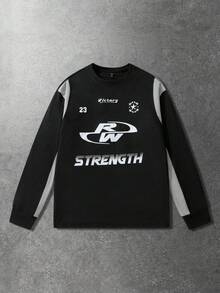 ROMWE MEN Street Life Men's Patchwork Letter Graphic Long Sleeve T-Shirt - Black - View 1