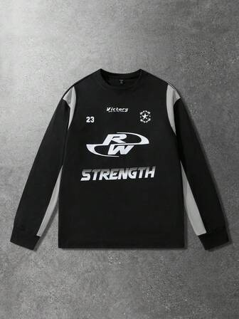 Camiseta de manga larga con gráfico de letras y parches para hombre