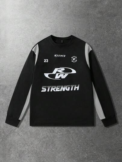 ROMWE MEN Street Life 男士拼接字母图案长袖T恤