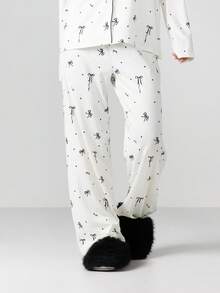 MISSGUIDED Women Bow Print Lounge Pajama Set With Long Sleeve Button Up Shirt And Full Length Pants For Sleep And Comfort - Beige - View 5