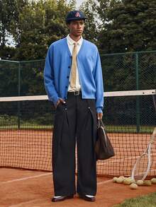 SWAVVY 男士休闲骑士刺绣开衫，秋冬 - 藍色 - 查看 6