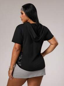 Rhythm Era Áo nỉ tay ngắn có dây rút phối họa tiết hình học, lưới, dành cho nữ cỡ lớn. - màu đen - Xem 3