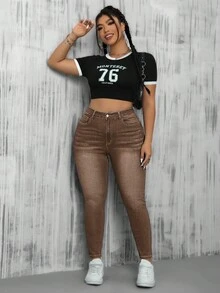 Rivivi Plus Size Distressed Washed Slim Fit Jeans - Coffee Brown - View 5